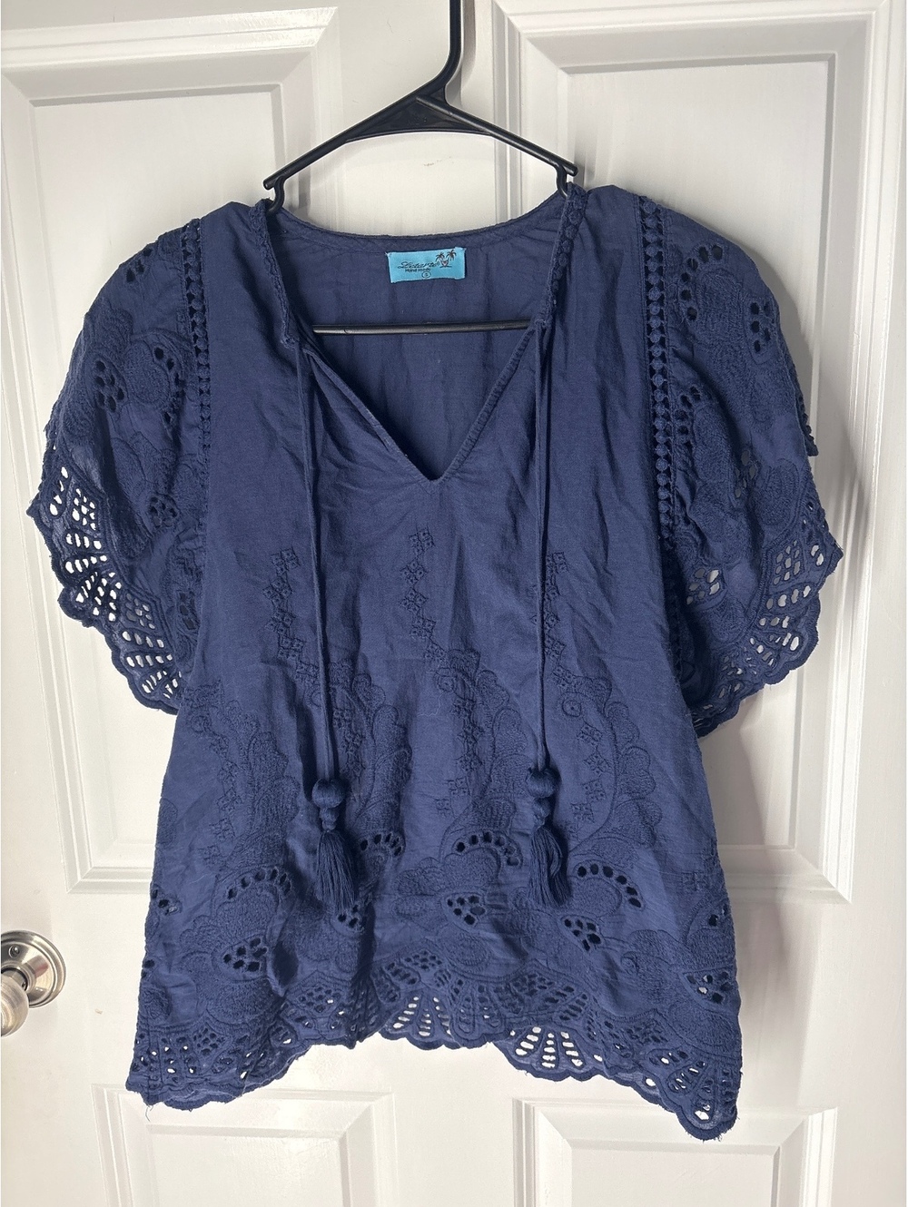 Boho Cottage Coastal Grandma Letarte Blue Eyelet Small Embroidered Blouse